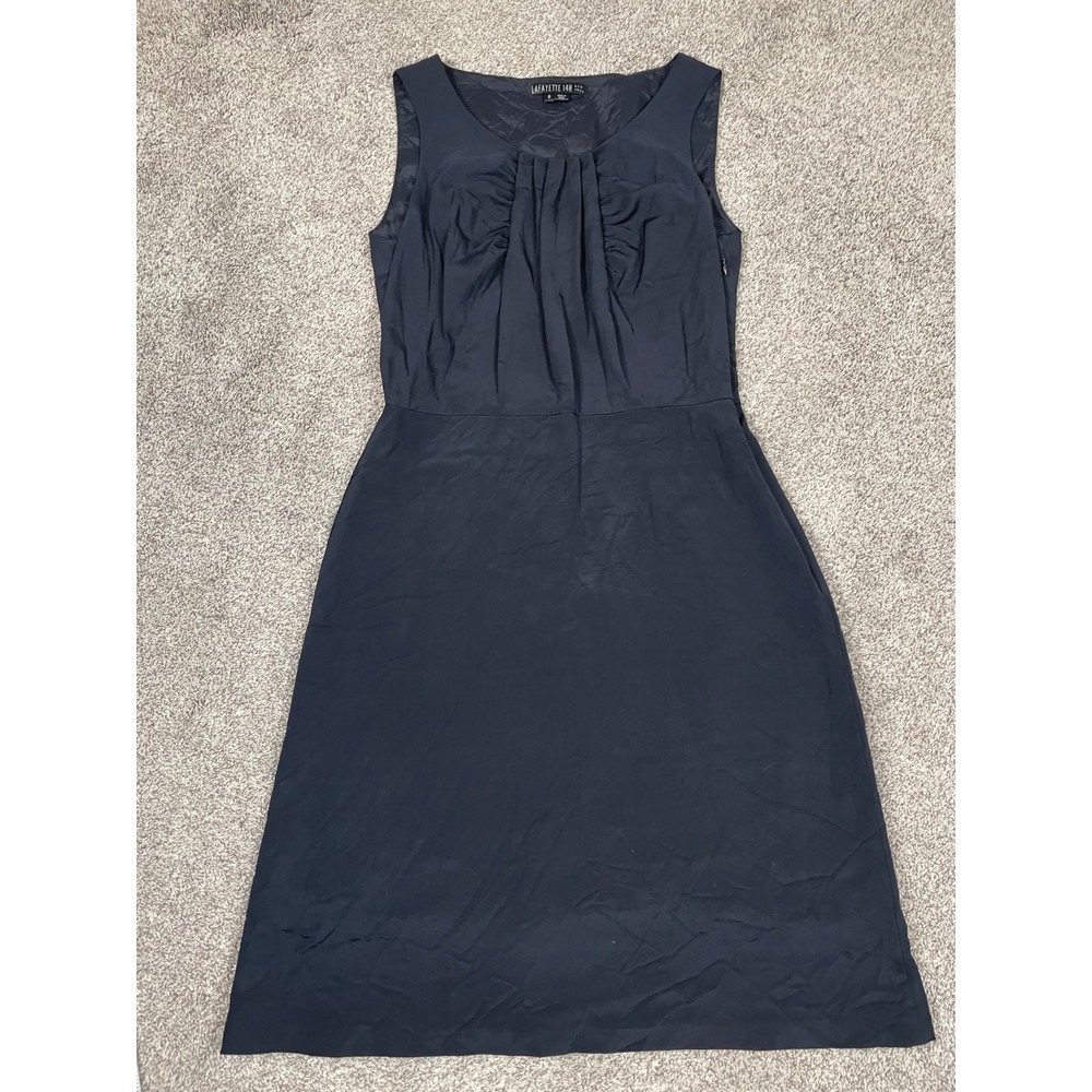 Lafayette 148 Dress Womens 8 Dark Navy Blue Silk Stretch Tank Sheath Lined Chic